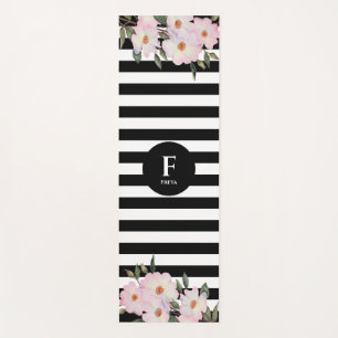Watercolor Pink Roses Ballerina Stripes Monogram Yoga Mat