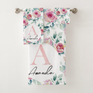 Watercolor pink roses. bath towel set
