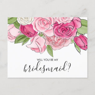Watercolor Pink Roses Be My Bridesmaid Postcard