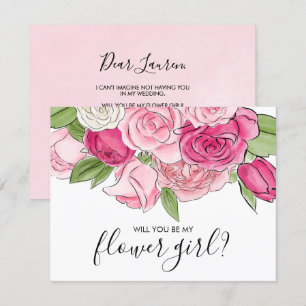Watercolor Pink Roses Be My Flower Girl Card