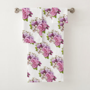 Watercolor Pink Roses Bouquet Floral Template Bath Towel Set