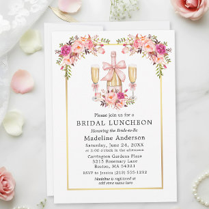 Watercolor Pink Roses Bow Gold Frame Bridal Lunch Invitation