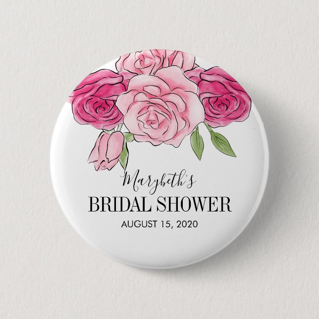 Watercolor Pink Roses Bridal Shower Pinback Button (Front)