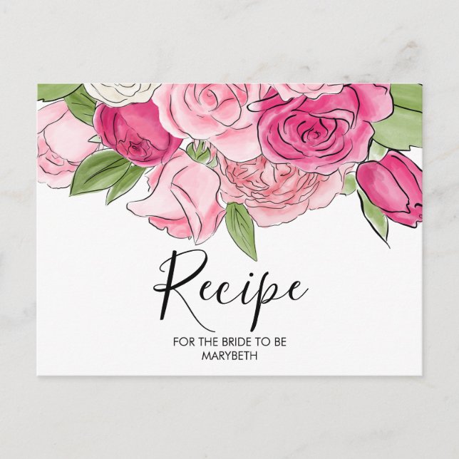 Watercolor Pink Roses Bridal Shower Recipe Card (Front)