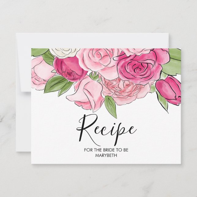 Watercolor Pink Roses Bridal Shower Recipe Card (Front)