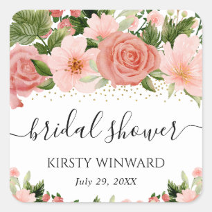 Watercolor Pink Roses Bridal Shower Square Sticker