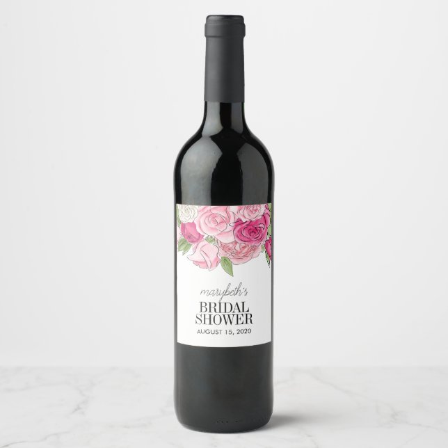 Watercolor Pink Roses Bridal Shower Wine Label (Front)