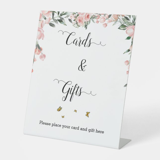 Watercolor Pink Roses & Butterflies Cards & Gifts Pedestal Sign (Front)