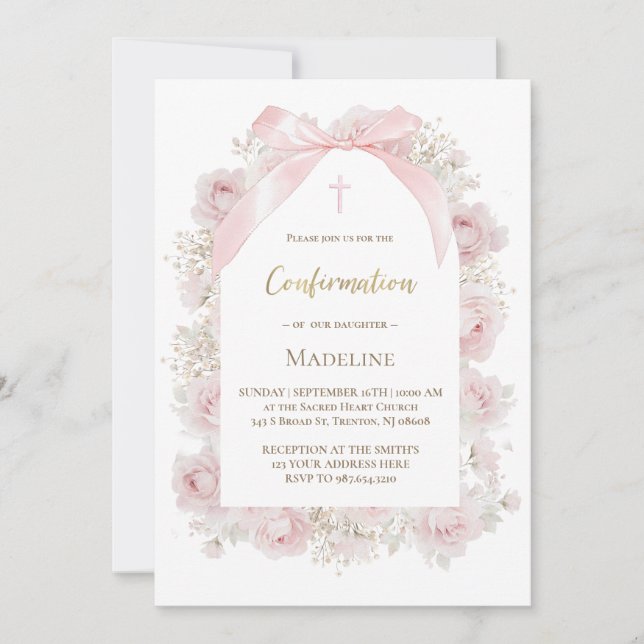 watercolor pink roses Confirmation Invitation (Front)