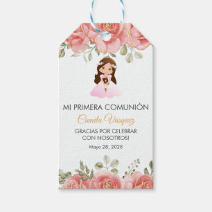 Watercolor Pink Roses Cute Primera Comunion Gift Tags