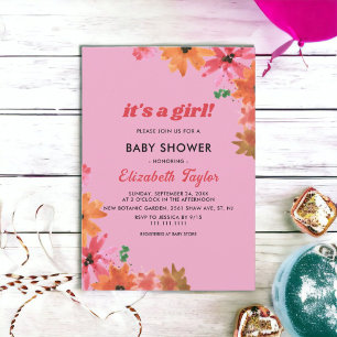 Watercolor Pink Roses Fall Floral Girl Baby Shower Invitation