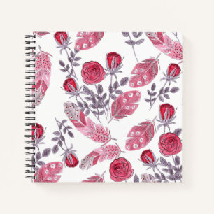 Watercolor pink roses feathers white notebook
