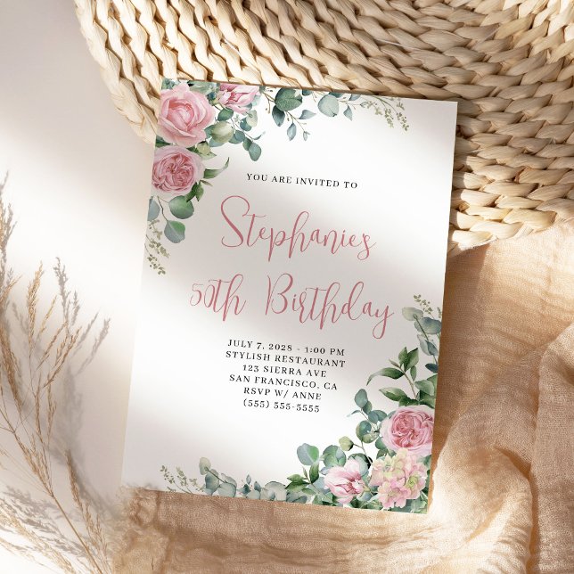 Watercolor Pink Roses Floral Birthday Invitation (Pretty watercolor pink roses birthday invite for her.)