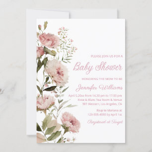 watercolor pink roses floral girl baby shower invitation