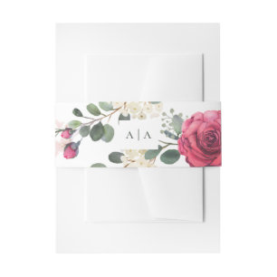 Watercolor pink roses. Floral wedding monogram Invitation Belly Band