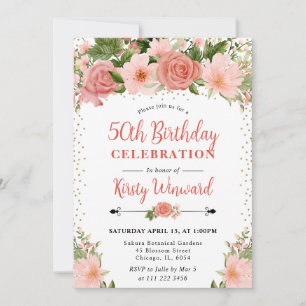 Watercolor Pink Roses Flowers 50th birthday Invitation