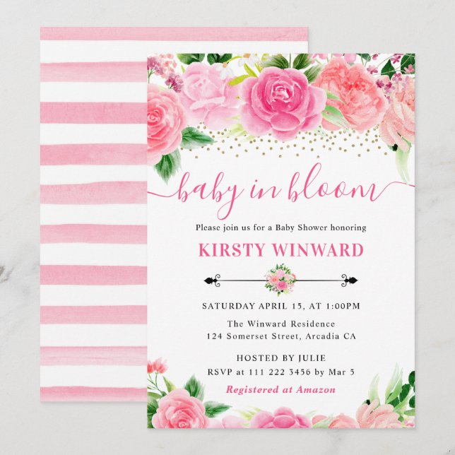 Watercolor Pink Roses Flowers Baby Shower Invitation (Front/Back)
