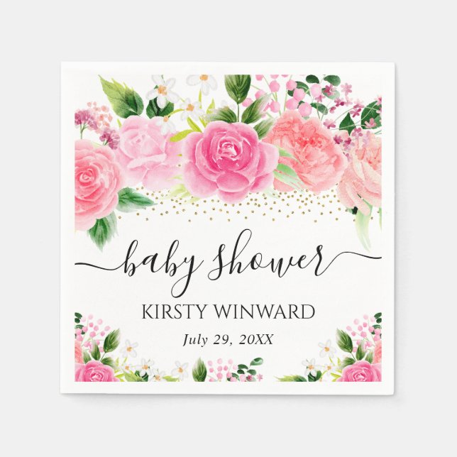 Watercolor Pink Roses Flowers Baby Shower Napkin (Front)