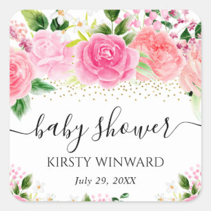 Watercolor Pink Roses Flowers Baby Shower Square Sticker