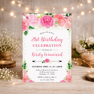 Watercolor Pink Roses Flowers Photo 21st birthday Invitation