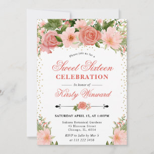 Watercolor Pink Roses Flowers Sweet 16 Invitation