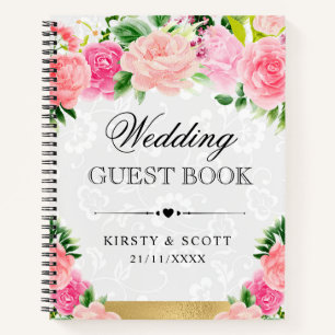 Watercolor Pink Roses Flowers Wedding Guest Book
