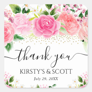 Watercolor Pink Roses Flowers Wedding Square Sticker