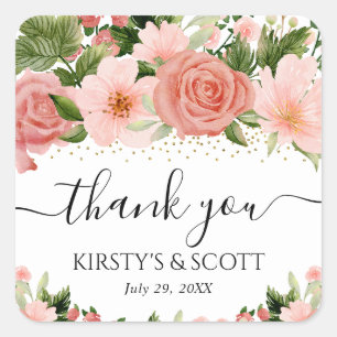 Watercolor Pink Roses flowers Wedding Square Sticker
