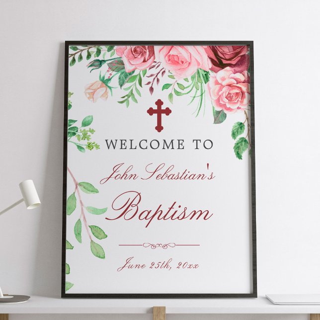 Watercolor Pink Roses Garden Baptism Welcome sign (Creator Uploaded)