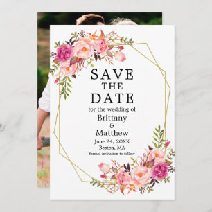 Watercolor Pink Roses Geo Frame Photo Save The Date
