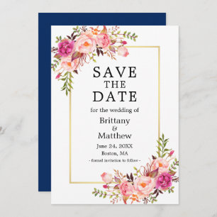Watercolor Pink Roses Gold Blue Save The Date