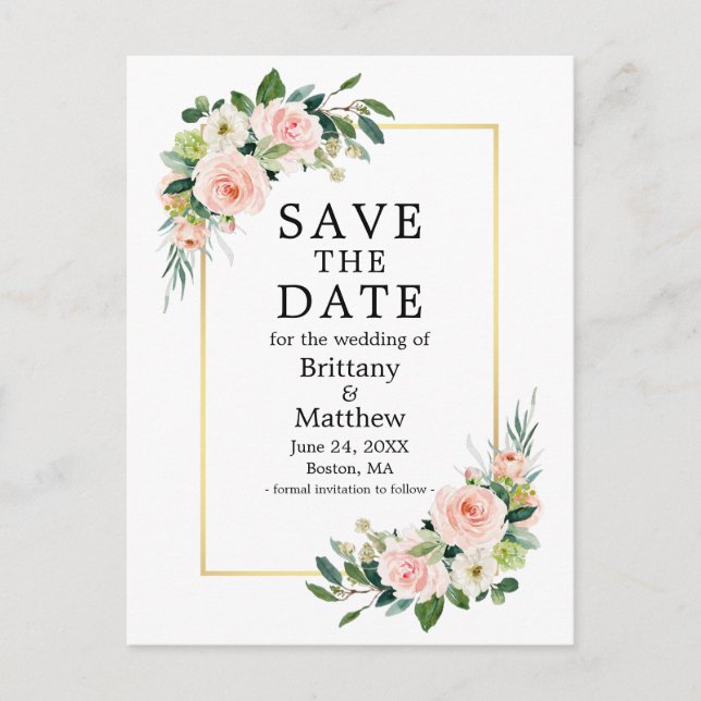 Watercolor Pink Roses Gold Frame Save The Date Postcard (Front)