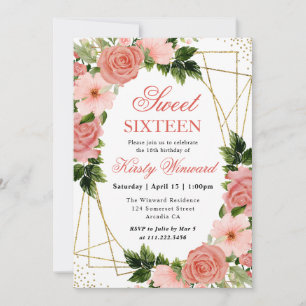 Watercolor Pink Roses Gold Frame Sweet 16 Invitation