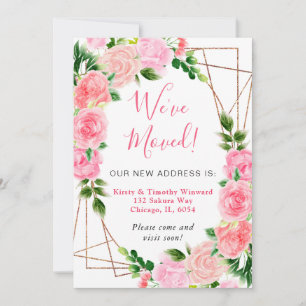 Watercolor Pink Roses Gold Frame We've Moved Announcement