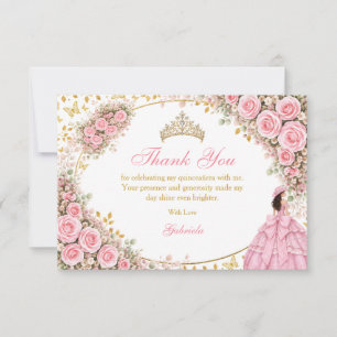 Watercolor Pink Roses Golden Butterfly Quinceañera Thank You Card