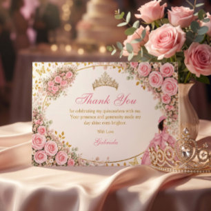 Watercolor Pink Roses Golden Butterfly Quinceañera Thank You Card