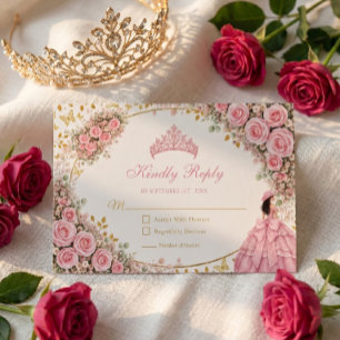 Watercolor Pink Roses Golden Tiara Quinceañera RSVP Card