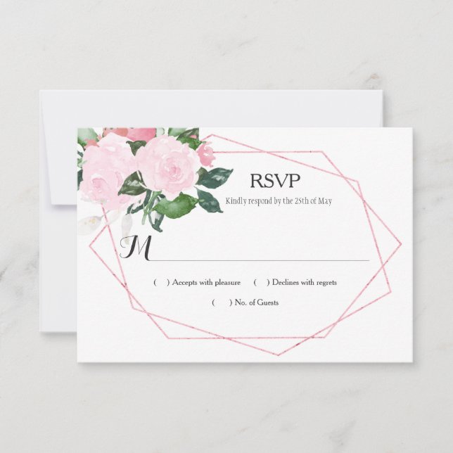 Watercolor Pink Roses Greenery Geometric RSVP Card (Front)