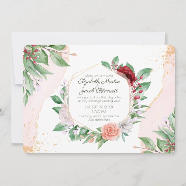 Watercolor Pink Roses & Greenery Virtual Wedding Invitation (Front)
