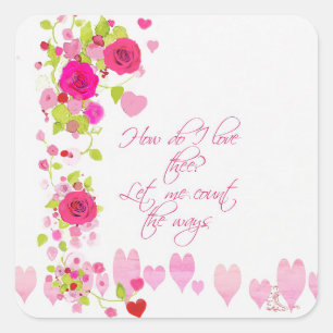 Watercolor Pink Roses Hearts Romantic Lovers  Square Sticker