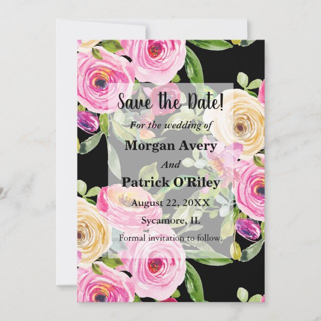 Watercolor Pink Roses on Black Save the Date Invitation (Front)
