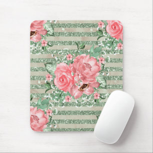 Watercolor Pink Roses on Green Glitter Stripes Mouse Pad