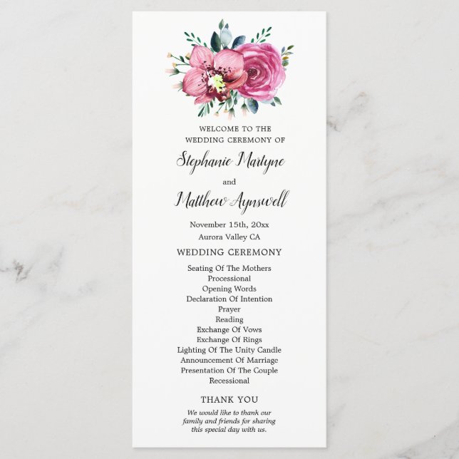 Watercolor Pink Roses Orchids Wedding Ceremony Program (Front)