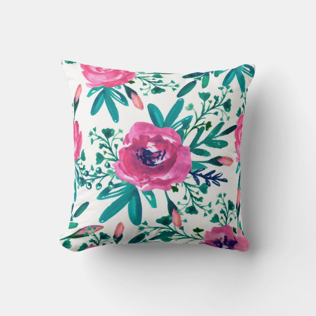 Watercolor Pink Roses Pattern Cushion (Front)