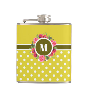 Watercolor Pink Roses Red Poppies Wreath Monogram Hip Flask