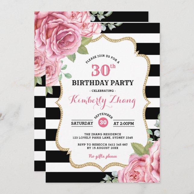 Watercolor Pink Roses / Romantic Paris Birthday Invitation (Front/Back)