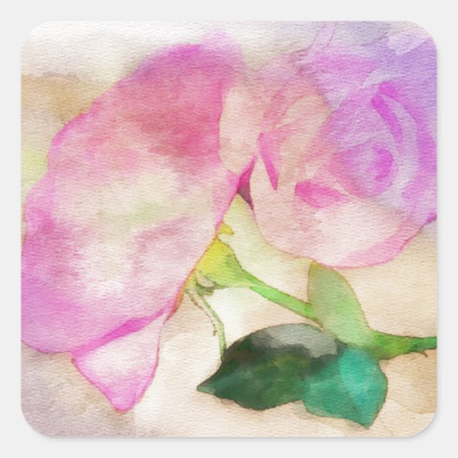 Watercolor Pink Roses Square Sticker (Front)