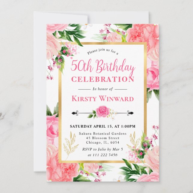 Watercolor Pink Roses Summer Flowers 50th Birthday Invitation (Front)