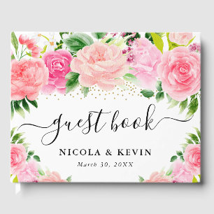 Watercolor Pink Roses Summer Flowers Wedding Guest Book