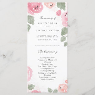 Watercolor Pink Roses Wedding Program Rack Cards